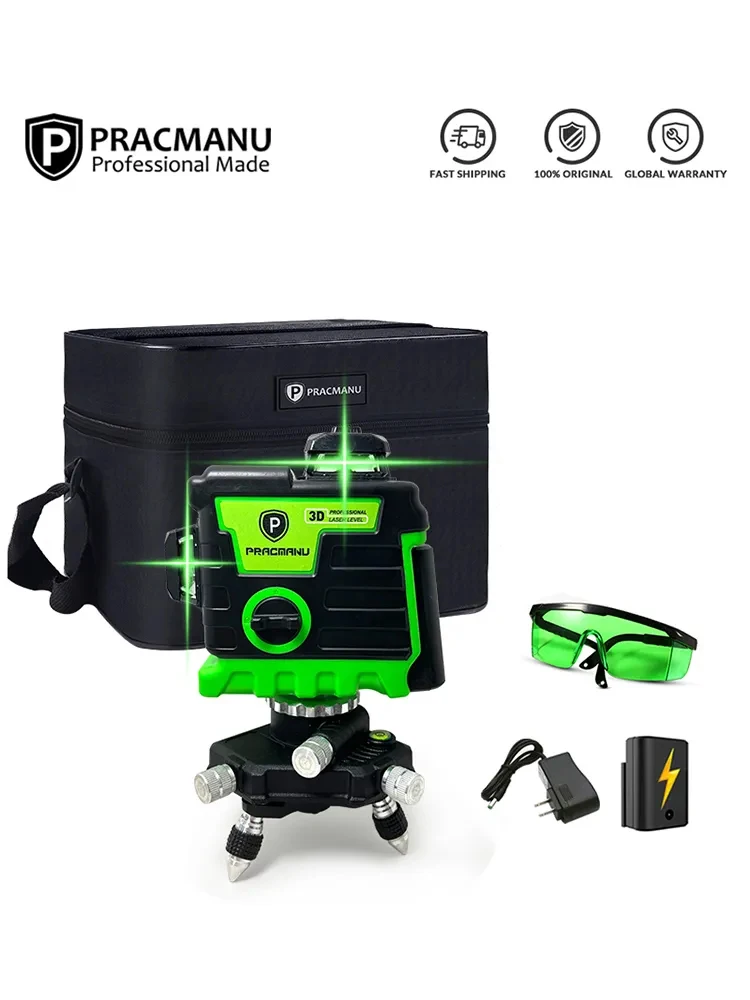 Pracmanu 레이저 레벨 셀프 레벨링, 12 라인, 3D 레이저 레벨, 수평 및 수직 크로스, 초강력 그린 빔