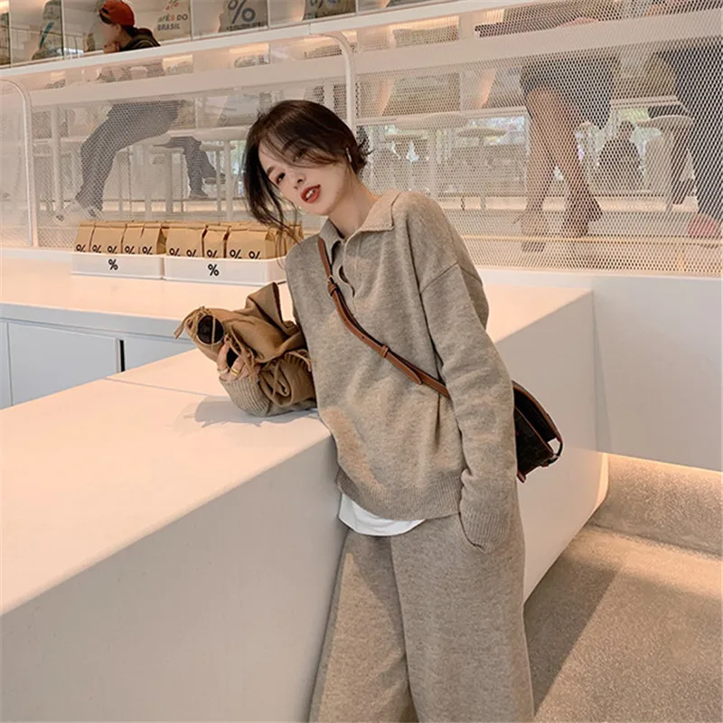 2 Pieces Set Women Oversize Tracksuit Polo Collar Sweater Pullover Straight Pants Sweater Set Knitted Outwear Sweater Suit