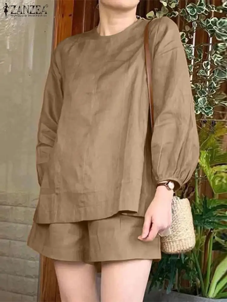 

ZANZEA Casual Cotton Urban Tracksuits Fashion Solid Suit Woman Holiday Street Outifits Long Sleeve Blouse Shorts 2PCS Oversized