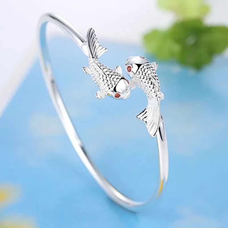 

Hot Charms 925 Sterling Silver Luxury Goldfish Carp Bracelets Bangles For Women Fashion Classic Party Wedding Jewelry Gifts