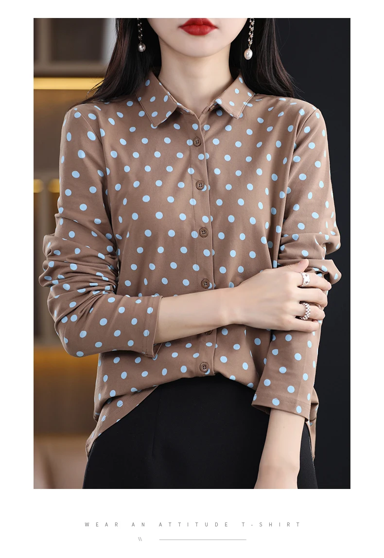 Women's New 100% Cotton Soft Sweater Polka-dot Knitted Polo Collar Long Sleeve Cardigan Spring Summer Shirt Ladies' Blouse Top