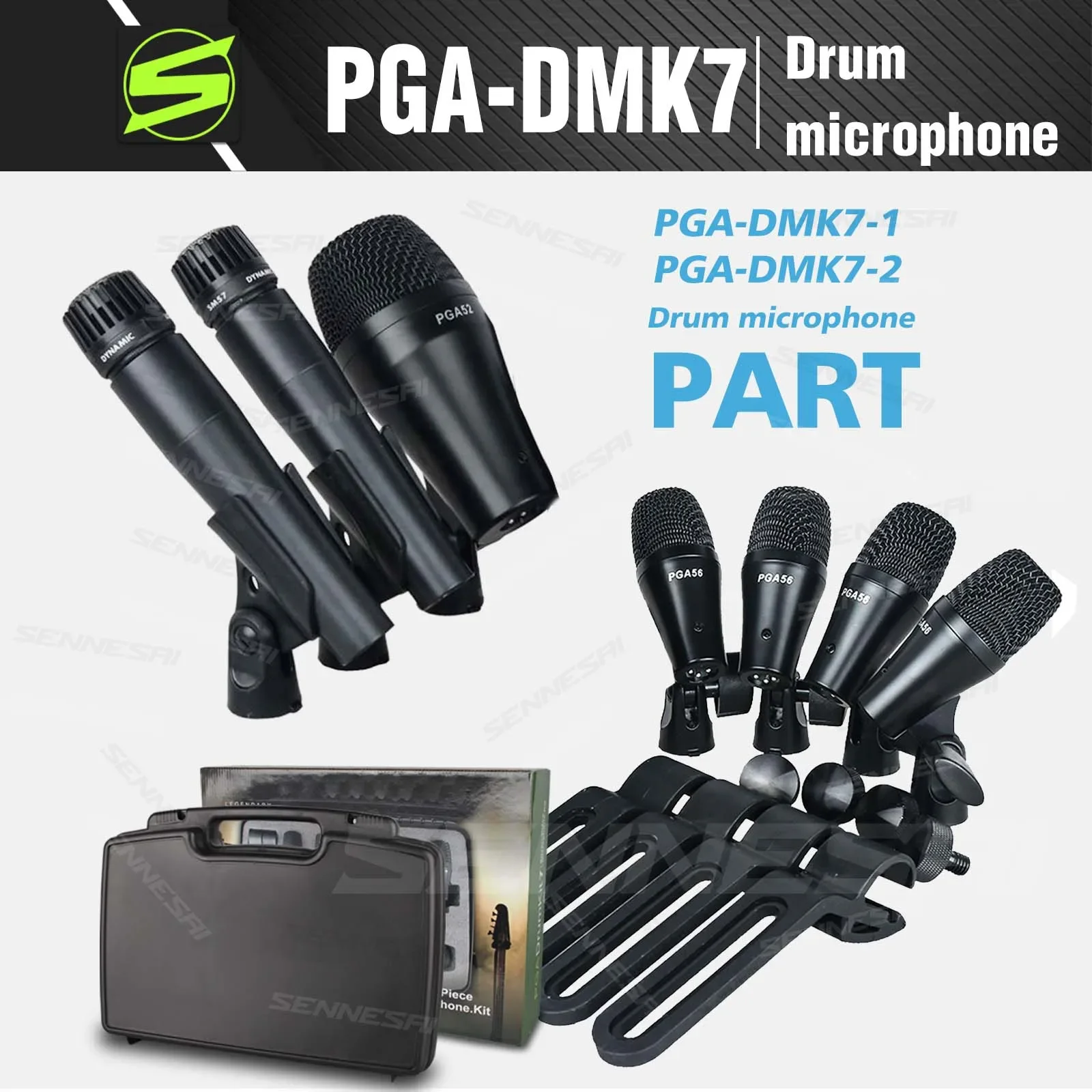 

SENNE PGA-DMK7 7-Piece Wired Dynamic Drum Microphone Kick Bass, Instrument Tom/Snare & Cymbals Mic Set With Box Use，Top Quality！