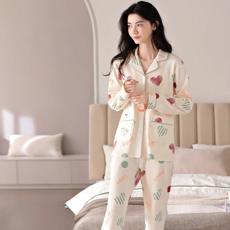 Cute Korean Style Home Pajamas Set Women's Spring and Autumn Full Cotton Color Leisure Gentle Long-sleeved Long Pants Sleepwear