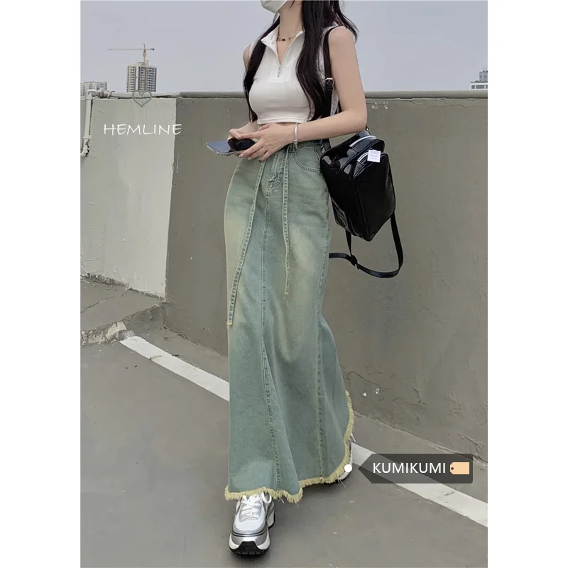 Free Shipping 2023 New Fashion Long Maxi Denim Jeans Women S-XL High Waist Spring Summer Mermaid Style Tassels Skirts