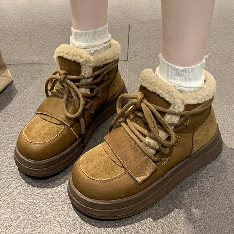

Женские ботинки на шнуровке, зимние однотонные плюшевые флисовые ботинки с круглым носком, короткие ботинки на платформе, 2023