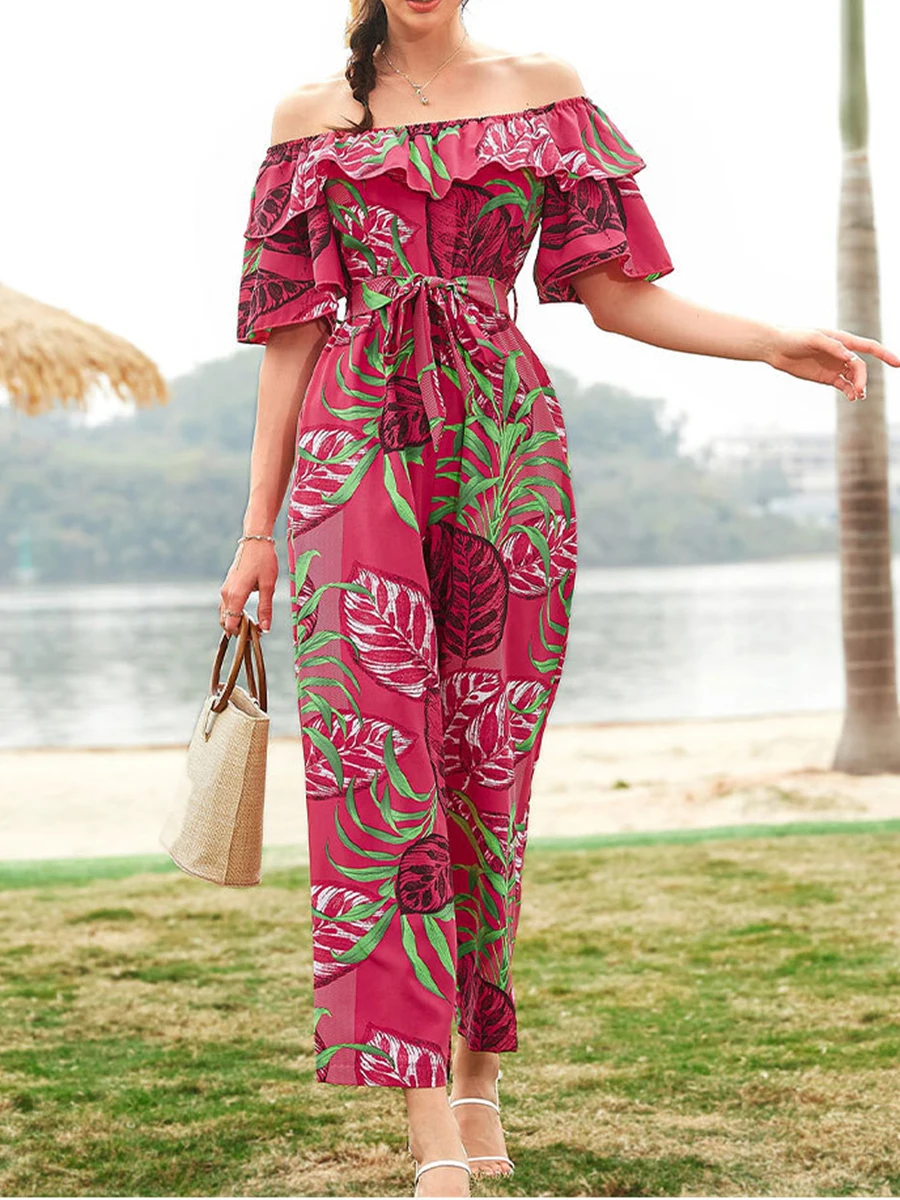 

ICNGLKSND Women s Summer Floral Off Shoulder Jumpsuits High Waist Wide Leg Pants Casual Loose Jumpsuit Rompers Khaki Large
