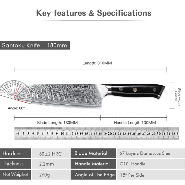 TURWHO 7 "Coltello Santoku in stile giapponese Acciaio di Damasco Coltello da cuoco professionale Affettare Mannaia Manzo Utensili da cucina da cucina 6