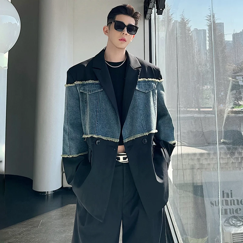 LUZHEN Original Denim Splicing Design Blazer Coat Men's Autumn Stylish Personality Elegant High Street Suit Jackets LZ1760