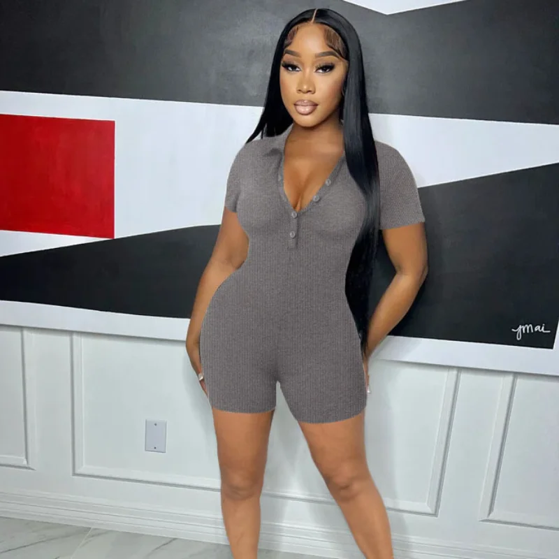 

KEXU Knit Ribbed Turn-down Collar Elastic Playsuit 2023 Women Fashion Street Yoga Acitve Fitness One Piece Suit Romper