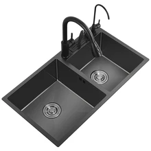 

80x45 cm Nano 304 Stainless Steel Black Kitchen Manual Sink Double Trough Thickened Vegetable Washing Basin with Knife Rest Rack