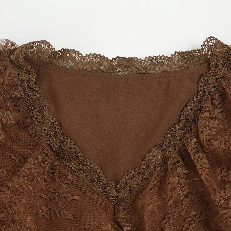 Camiseta marrón con cuello con volantes de encaje vintage Y2K, top ajustado de manga larga, elegante y con estilo de los años 2000, ropa de calle de otoño