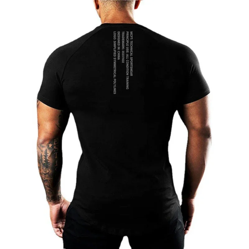 Back Neck Letter-printed Running T-shirt Summer GYM Half Sleeve Men\'s Fitness Workout Muscle Short Sleeve