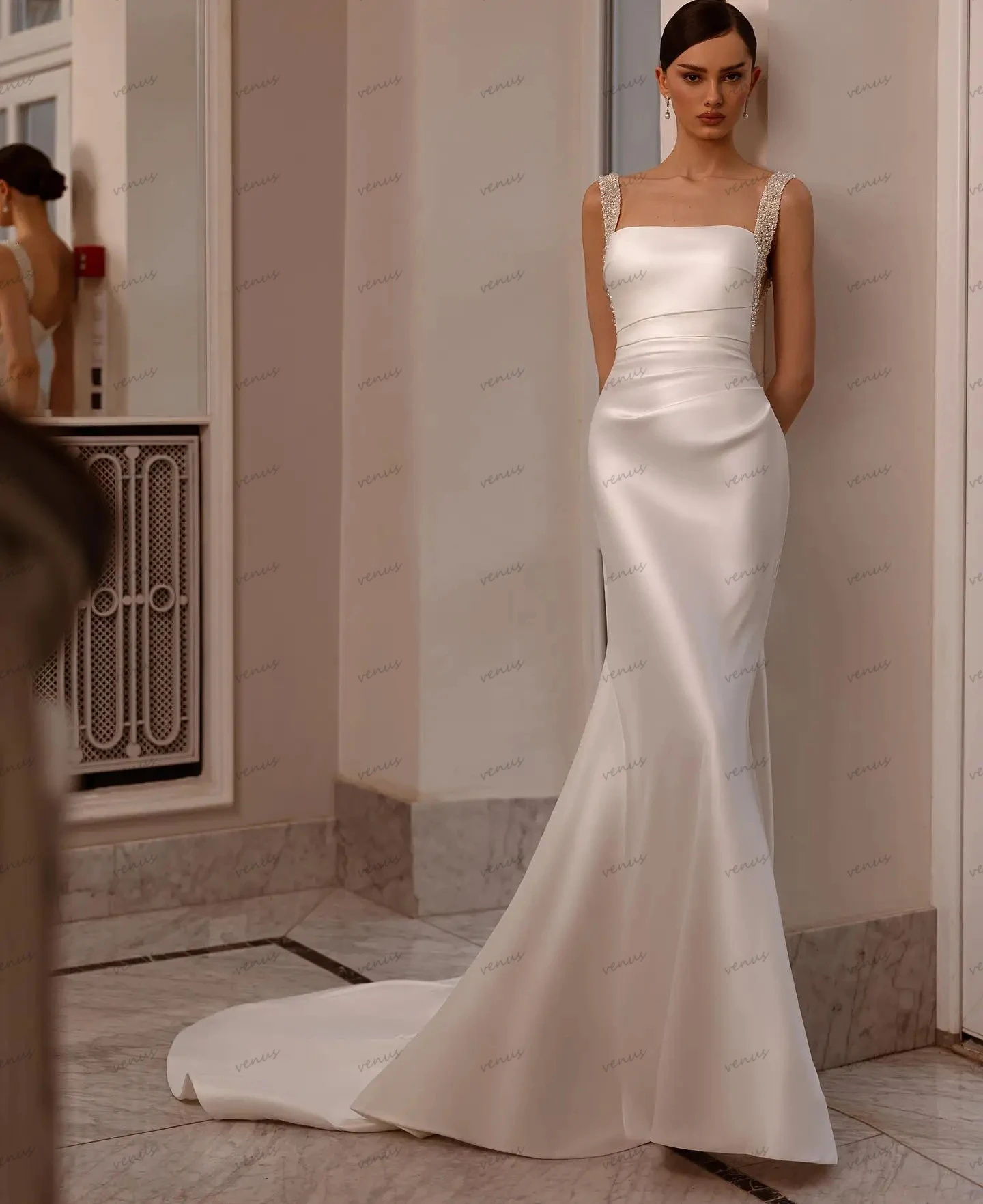 심플한 웨딩 드레스 새틴 신부 가운, 섹시한 스퀘어 칼라, 백리스 우아한 가운, 격식 있는 파티용 