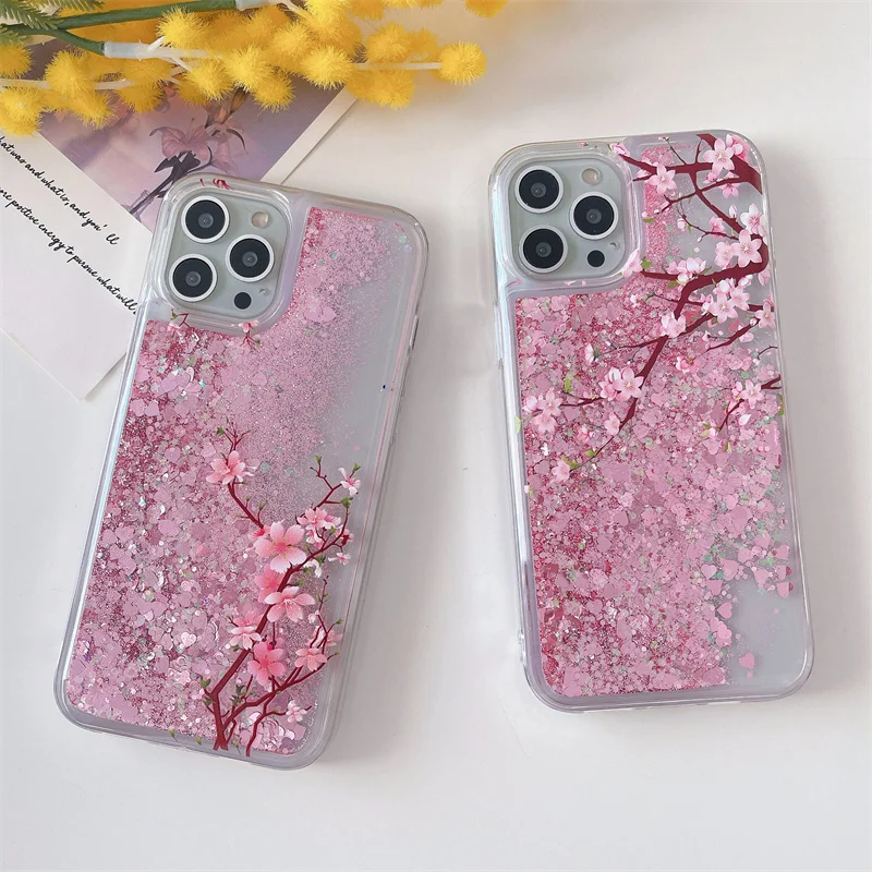 Peach Blossom Glitter Quicksand Heart & Star Liquid Silicone Case Cover