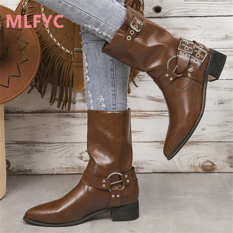 Knight Boots Women's 2023 New Autumn/Winter British Style Retro Thick Heel Pointed Metal Buckle Fashion Women's Boots mujer