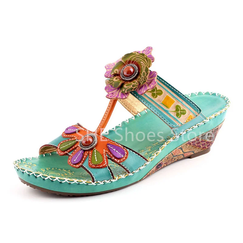 

Retro Handmade Women Leather Sandals Mixed Color Flowers Decor Pumps Ladies Peep Toe Wedges Slippers Dress Hight Heels Shoes