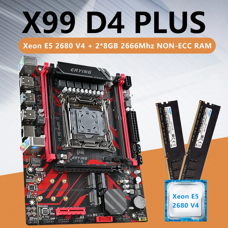 Scheda Madre Erying X99 D4 Plus Lga 2011-3 Xeon X99 Con Cpu E5 2680 V4 Con Set Di Kit Combo Di Memoria 2*8G Ddr4 2666Mhz Non-Ecc