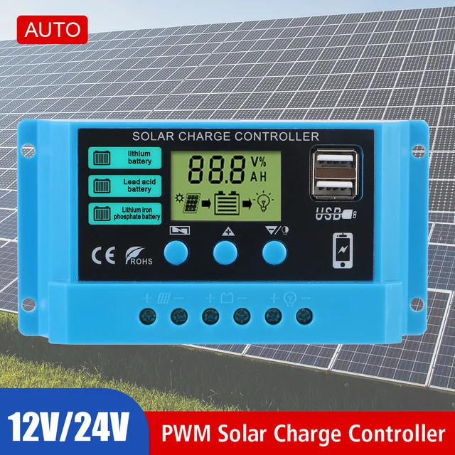 Régulateur de Charge solaire automatique 30A, écran LCD, double chargeur USB, sortie 5V, contrôleur solaire, chargeur de batterie PWM 12V/24V universel 1