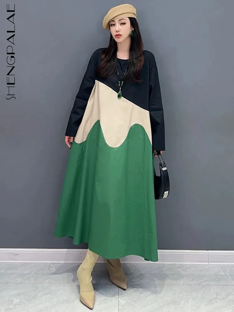 

Женское платье контрастных цветов SHENGPALAE, весеннее шикарное свободное универсальное платье с круглым вырезом и длинным рукавом, модель 5R9138, 2024
