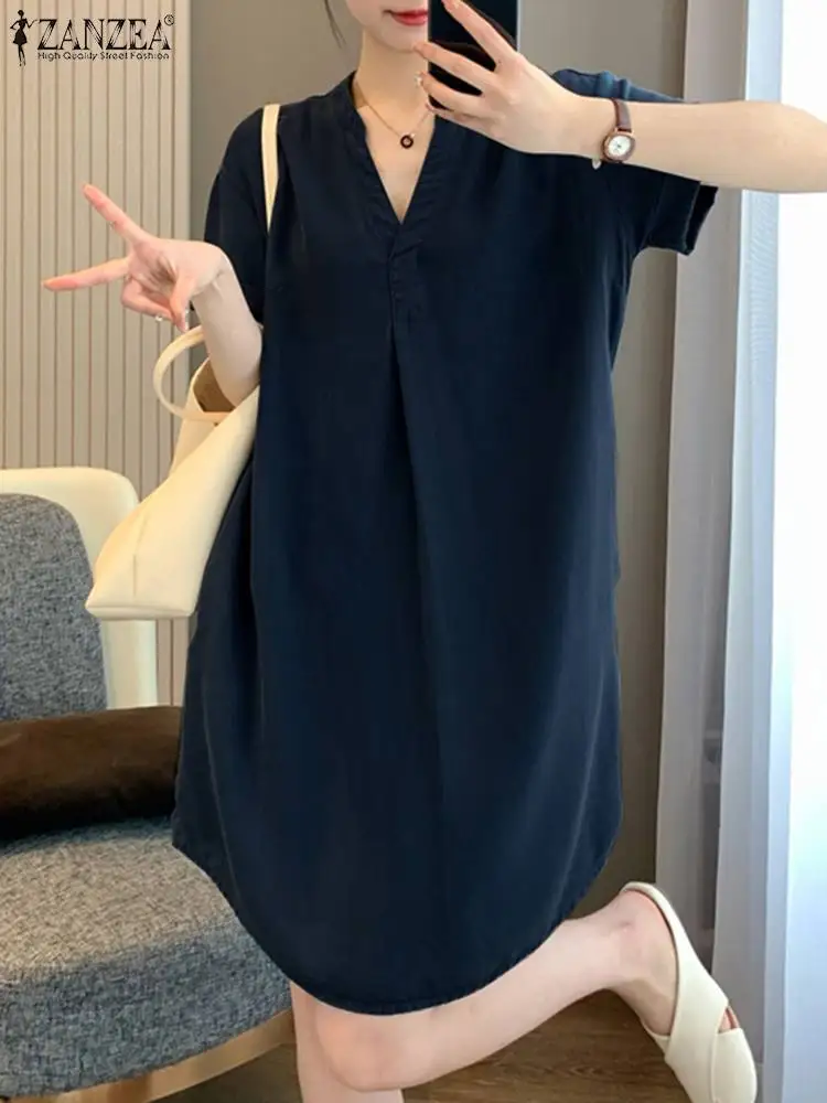 

ZANZEA Women Short Sleeve Sundress Casual Daily Mini Dress V Neck Summer Vestidos Fashion Solid Color Holiday Loose Short Robes