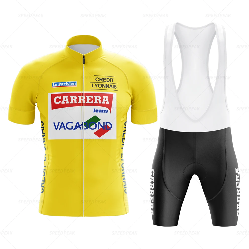 CARRERA Yellow Retro Cycling Jersey Set Classical Bicycle Suit Bike Short Sleeve Men Bib Shorts Triathlon Clothes Por team
