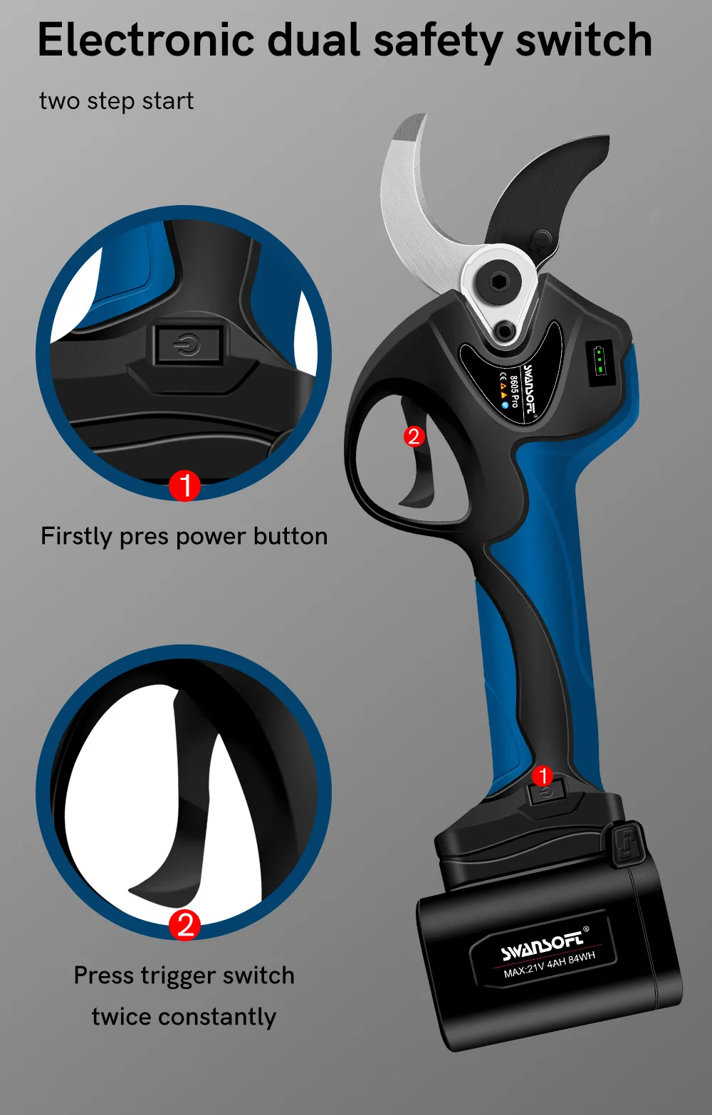 swansoft Cordless pruning shears 8605pro 4AH 4AH battery pruner gardening shears Garden secateurs Gardening tools