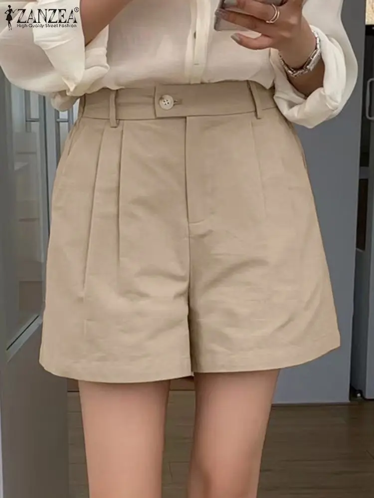 

ZANZEA Women Summer Vintage Short Pants Elastic Waist Solid Loose Beach Trousers Female Fashion Work OL Capris Loose Pant 2023