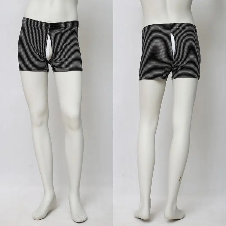 Men's Zipper Open Crotch Striped Thin Black Shorts Panties Casual Sleeping Shorts Bottoms Underwear