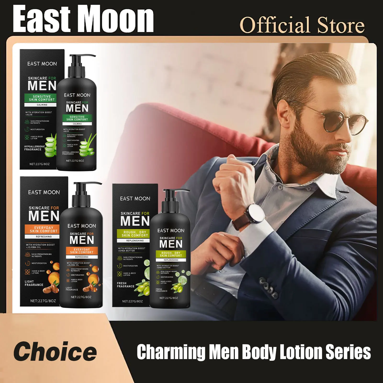 East Moon Serie di lozioni per il corpo da uomo Idratare a secco Migliora il controllo dell'olio cadente Fragranza duratura Illumina la pelle Creme nutrienti 1