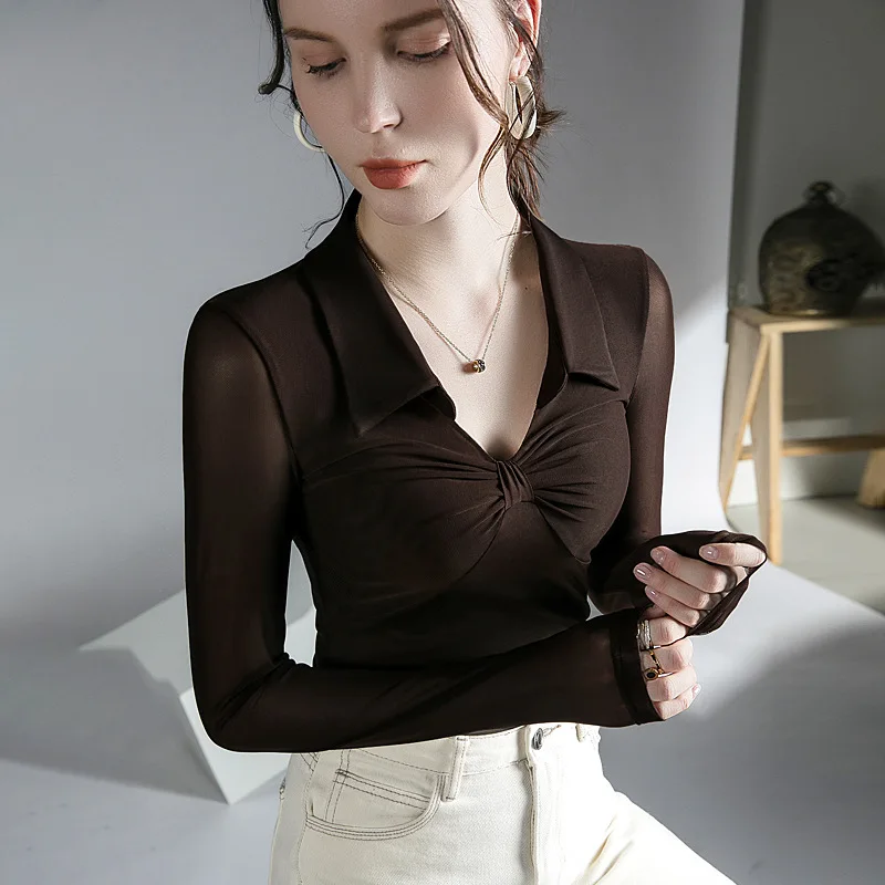 

Lapel Stretch Mesh Long-Sleeved T-shirt, Bottoming Shirt, New Design Sense, Inner Bottoming Shirt, Gothic Top, Autumn and Winter