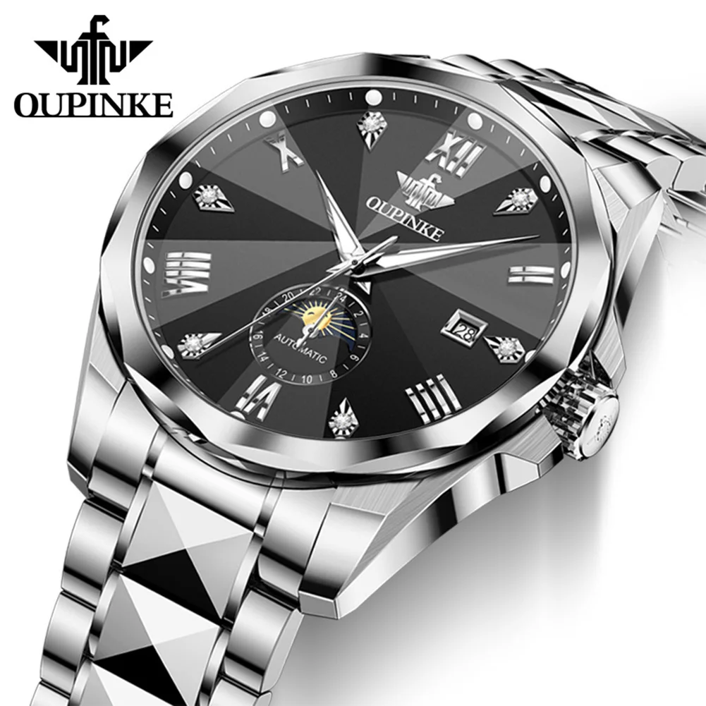 OUPINKE 3312 Automatic Men Watch Roman Scale Moon Phase Watch For Men Tungsten Steel Strap Waterproof Mechanical Male Wristwatch
