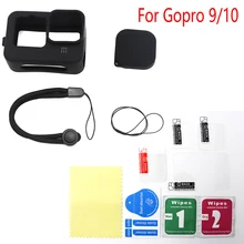 

Silicone Camera Sleeve + Lens Cap Cover + Tempered Glass Screen Protector Protective Film for GoPro Hero 9 10 Black Blue Case