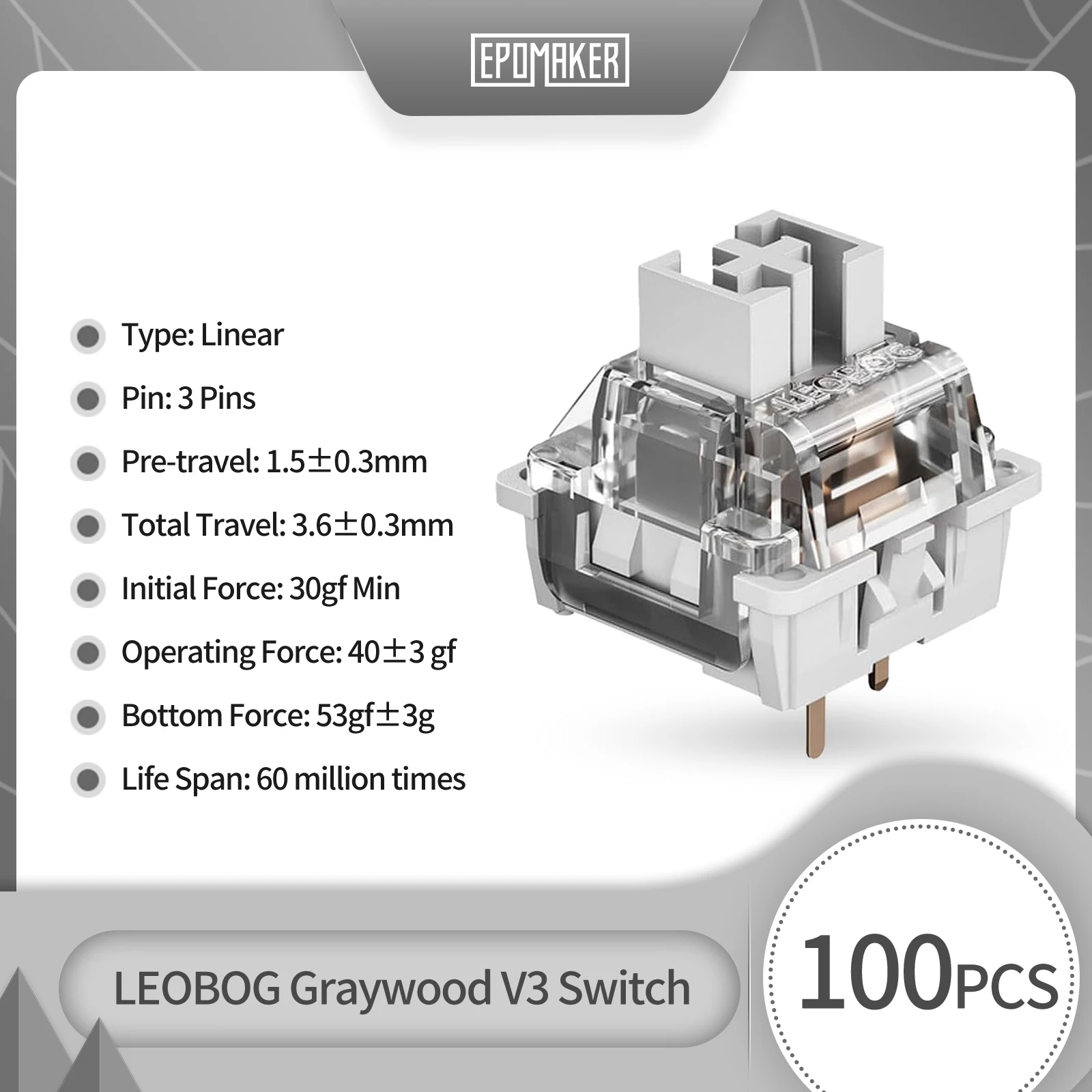 Leobog-conjunto de Interruptores Lineares para Personalizar o Teclado Mecânico Faça Você Mesmo Graywood Pinos 40g v3 100 Pcs
