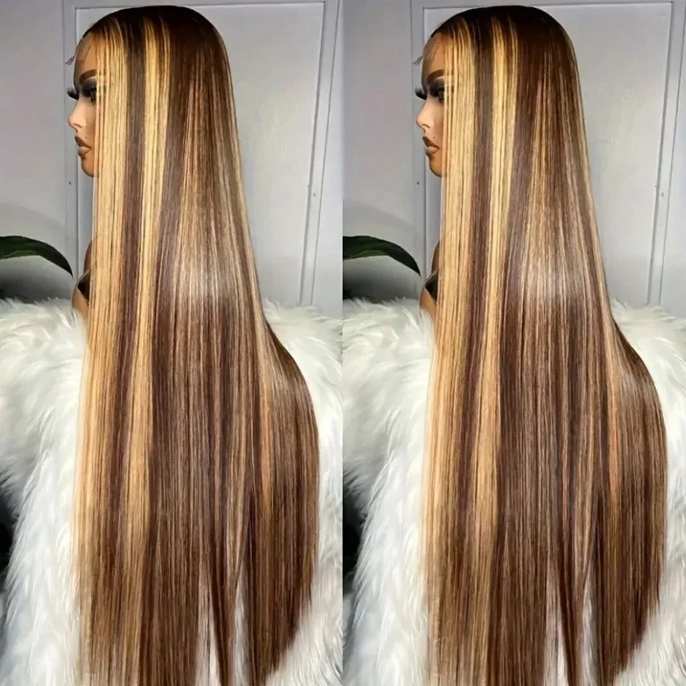 32 Inch 200% Density Highlight Ombre Lace Front Wig Human Hair Straight Human Hair Lace Wig Pre Plucked Wigs with Baby Hair