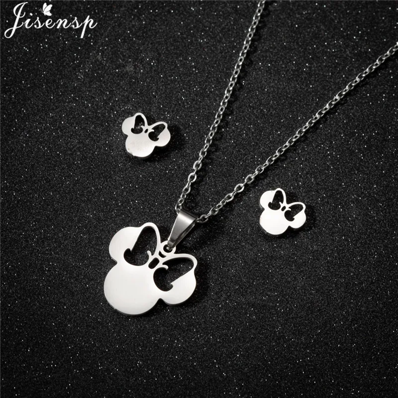 Jewelry Sets Cartoon Bowknot Mouse Stainless Steel for Women Fashion Anime Animal Necklace Earrings Party Accessories
