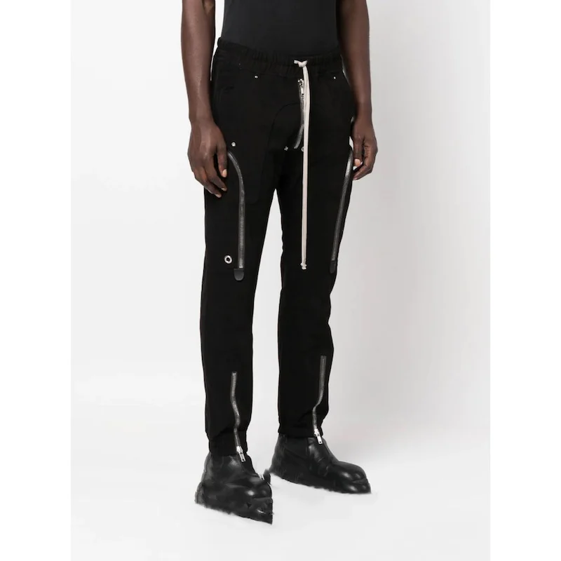 

23ss High Street RICK Men Zippered Work Pants OWENS Black Cotton Woven Trousers Slightly Stretchy Drawstring Legs