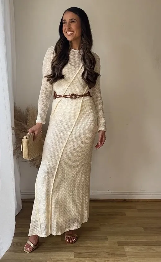 White Hollowed Out Pit Strip Crochet Knitted Maxi Dress Women Long Sleeve Slim A Line Knit Vestidos Bohe Casual Patchment Robe