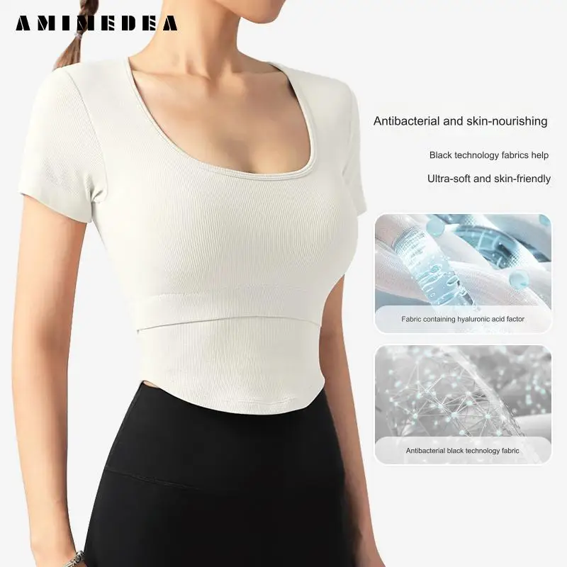 European American Thin Tall Sports Casual T-Shirts Female Running Fitness Round Neck Short Sleeve Yoga Top