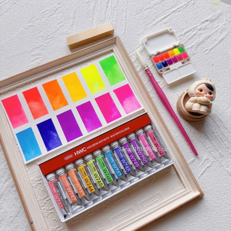 Holbein Watercolor Pigment Fluorescent Transparent Solid 12 Colors Watercolor Box Travel Painting Supplies