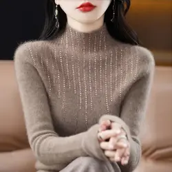 Women's Autumn and Winter New Pullover Half High Collar Hot Diamond Sweater Solid Color Fashion Layer Knitted Long Sleeve Tops