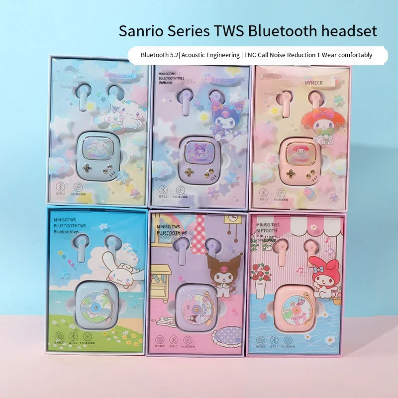 

Miniso Sanrioed Cartoon Cinnamoroll Kuromi Bluetooth Headset Kawaii Wireless In-Ear Cute Noise-Canceling Sports Headset Gifts