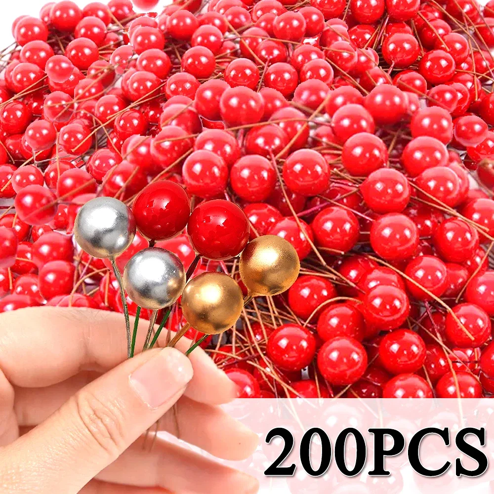 

200/100/50Pcs Christmas Berries Simulation Berry Artificial Flower Red Fruit Cherry Plants Home Christmas Party DIY Decoration