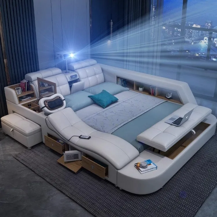 

Modern simple bed, smart massage, master bedroom, multi-function projector, wedding bed, tatami leather bed, storage, double bed