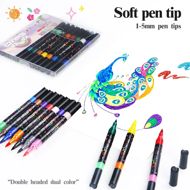 Double Headed Flash Pen Set Soft Tip Ink Writing Painting