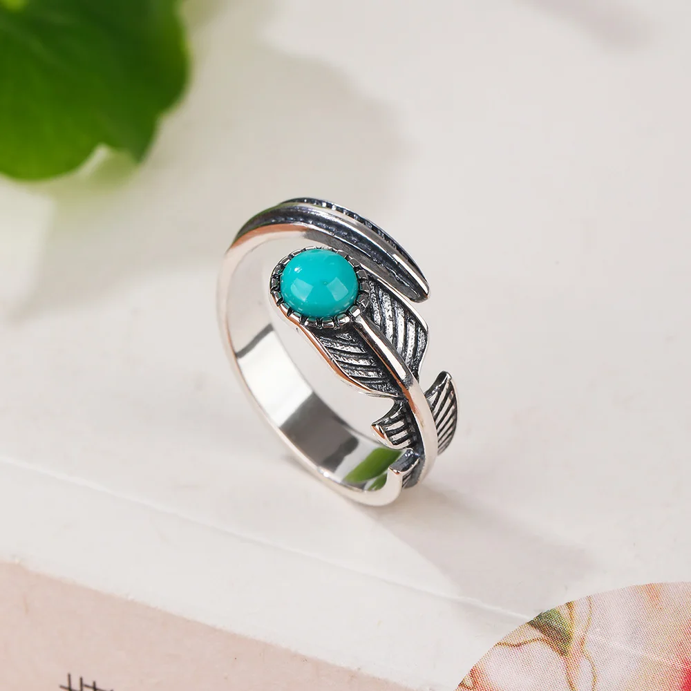 

Adjustable Turquoise Vintage Rings For Men 925 Silver Jewelry Fashion Feather Women's Rings Gift Female Free Shipping Items