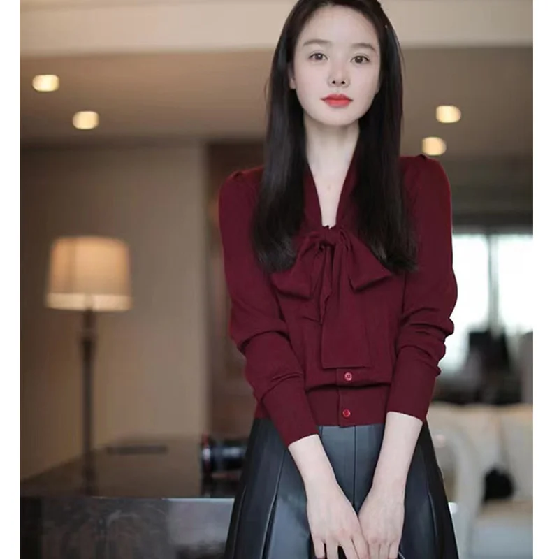 프랑스 우아한 플로트 리드 캐시미어 가디건, 여성 가을 겨울 최신 니트 스웨터, 루즈하고 얇은 짧은 울 셔츠