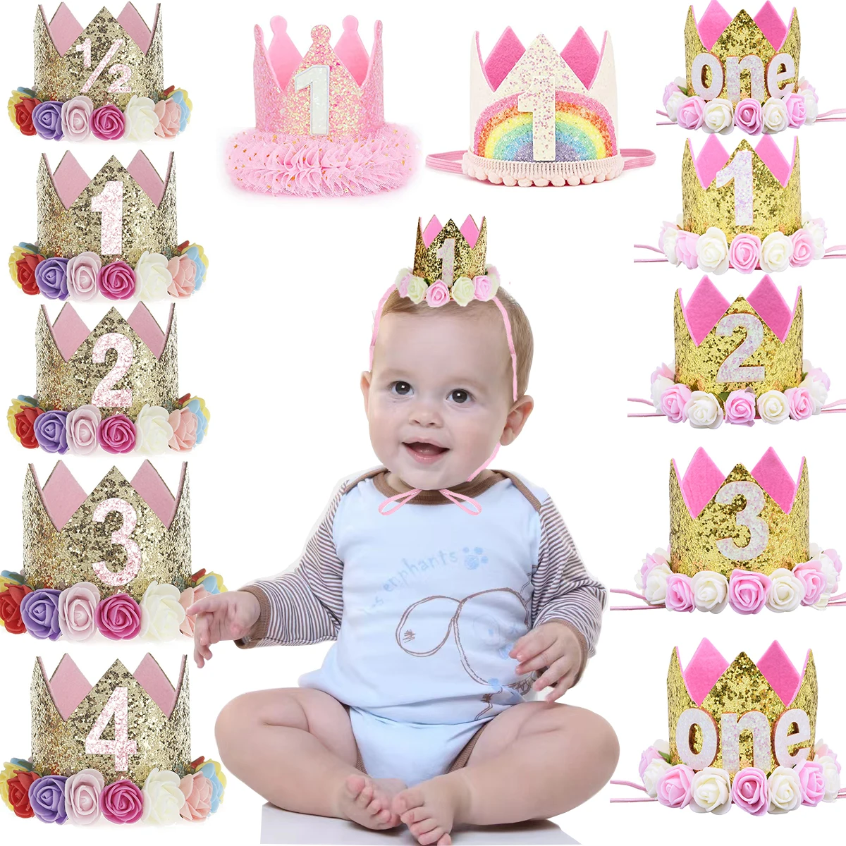  Decoraciones de primer cumpleaños para niña con corona,  decoraciones de primer cumpleaños para niña de 1 año, suministros de fiesta  con temática de princesa, un cartel para silla alta, adorno para