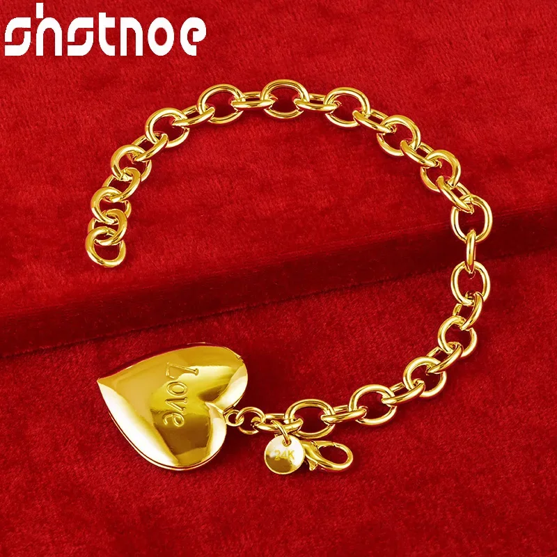 

URLOVER 24K Gold Heart Hollow Photo Frame Bracelet For Woman Fashion Jewelry Lady Hand Chain Wedding Party Birthday Bangles Gift