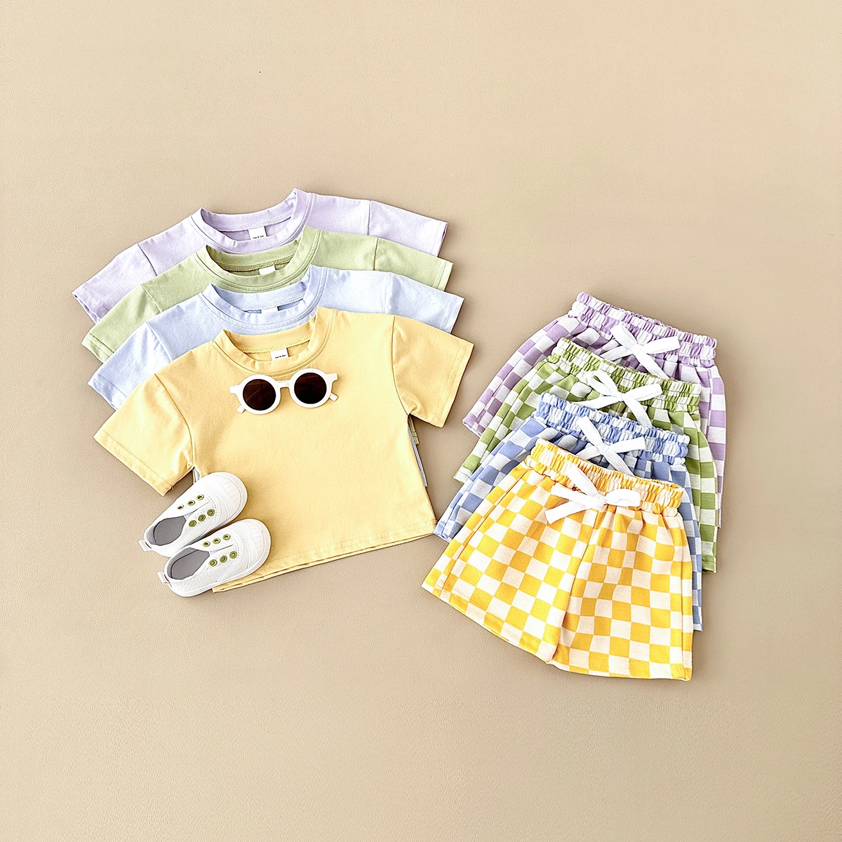 2Pcs/set Newborn Baby Infant Clothes Solid color T-shirt+Checkerboard Short Pants Baby Boys Girls Casual Baby Summer Outfit Set