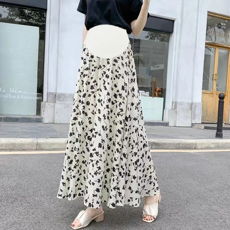 Summer Pregnant Woman Fashion Long Skirt High Waist Floor-length Maternity A-Line Skirt Plus Size Pregnancy Chiffon Floral